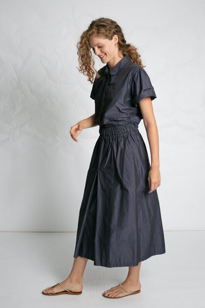 PLEATED A-LINE TAFFETA SKIRT NAVY