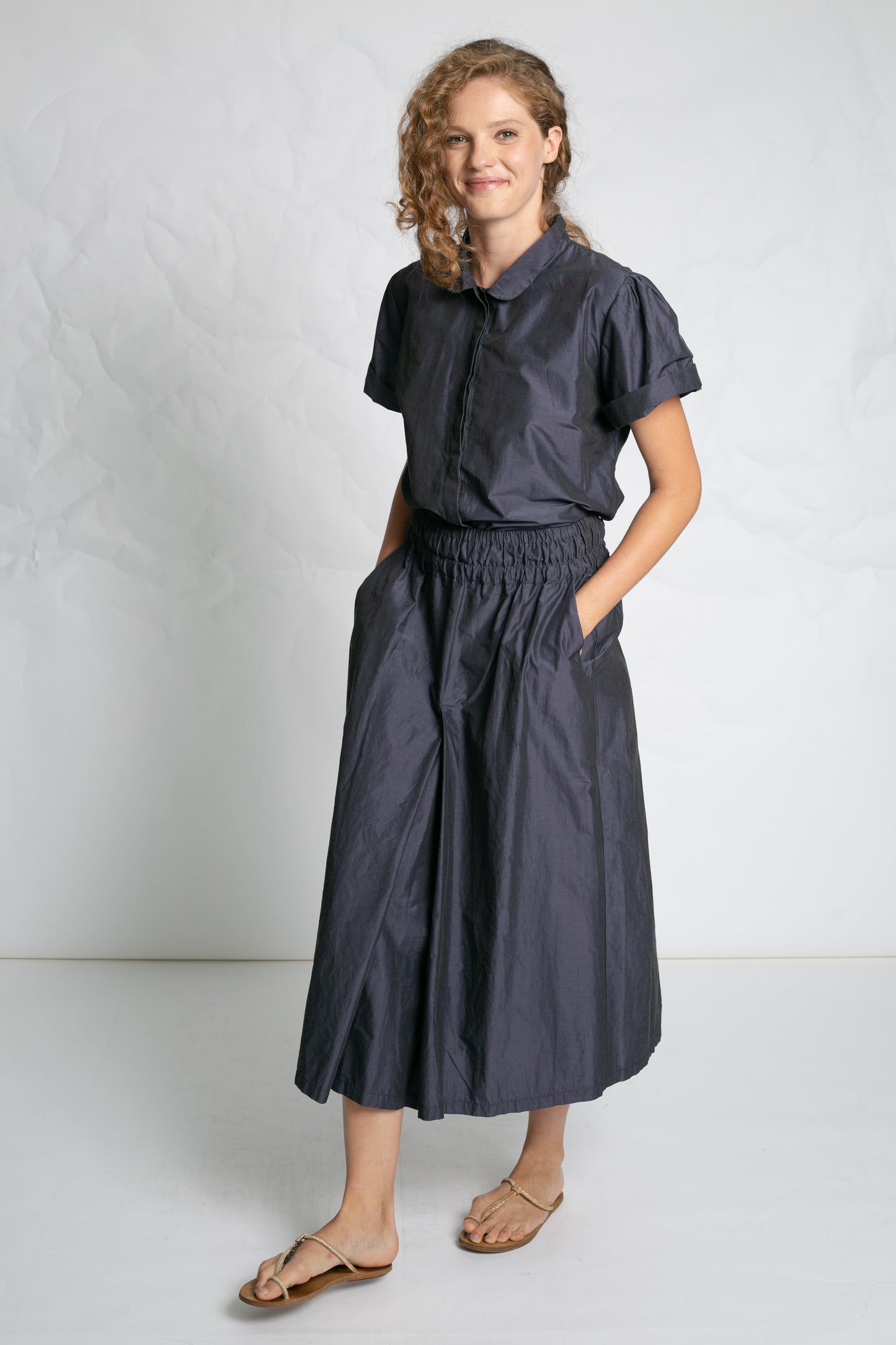 PLEATED A-LINE TAFFETA SKIRT NAVY