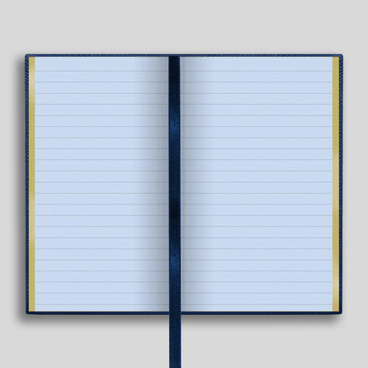 Open notebook with lined pages on a light gray background
