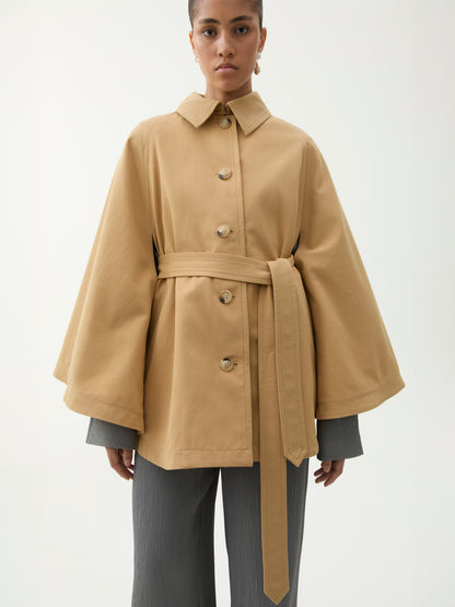 RACHEL VOLUMINOUS SHORT TRENCH CAPE COAT TAN