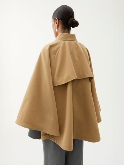 RACHEL VOLUMINOUS SHORT TRENCH CAPE COAT TAN