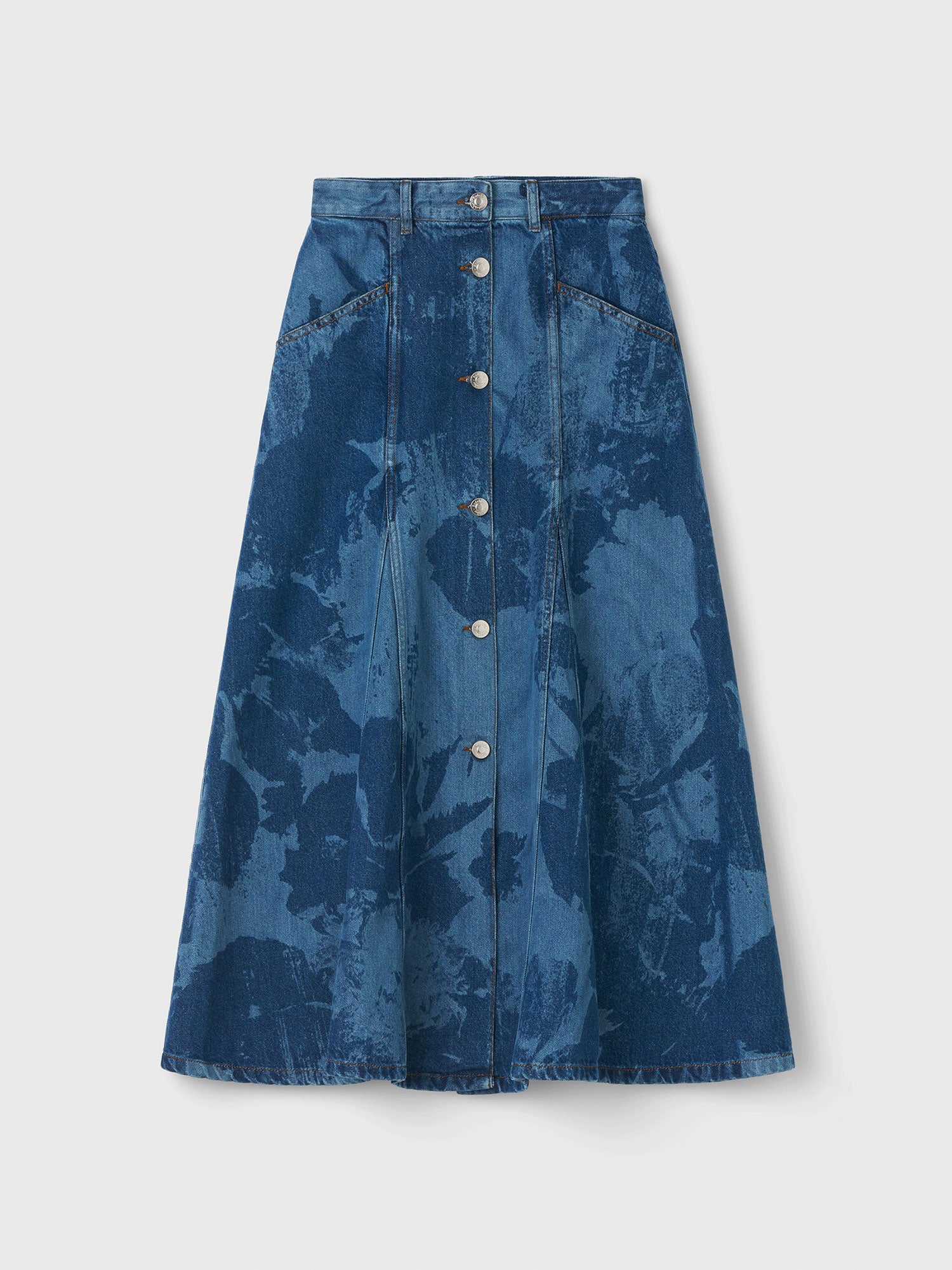 Blue denim skirt with button details on a white background