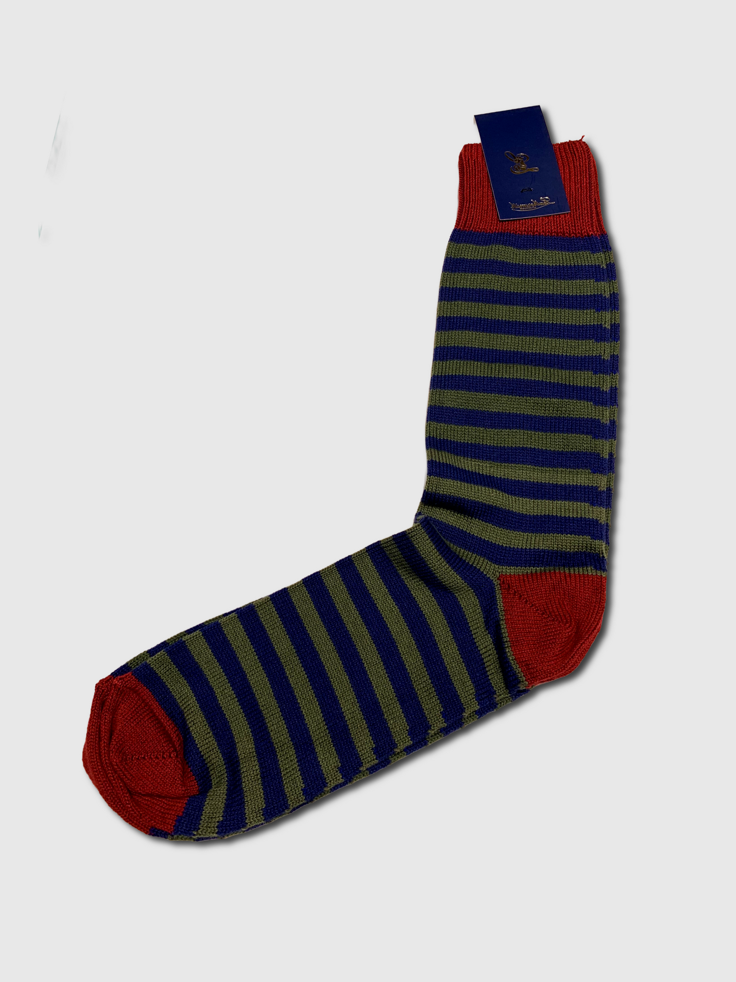 Striped sock with red accents on a white background