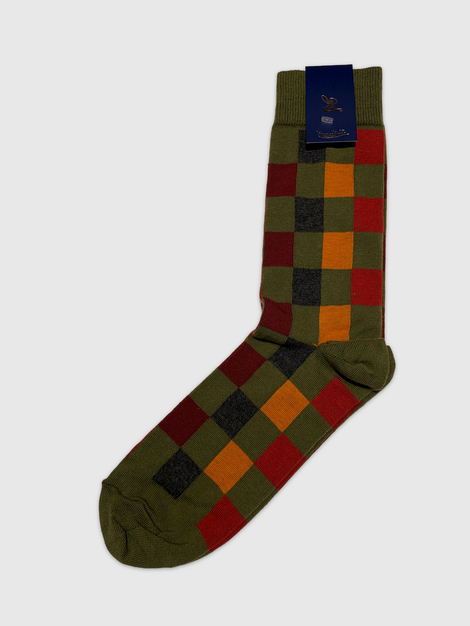 Checkered sock with a brand label on a white background