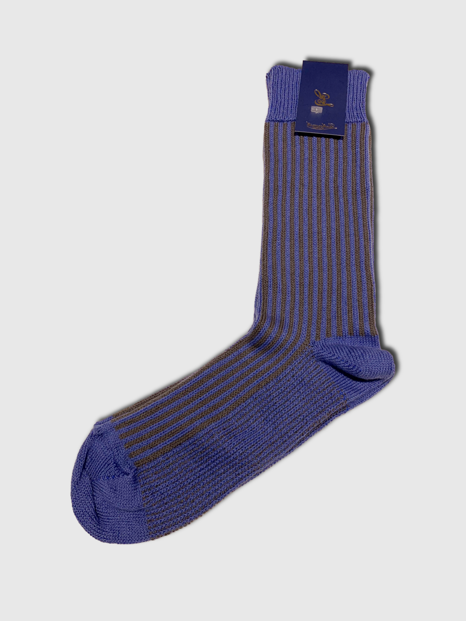 Blue striped sock with packaging on a light gray background