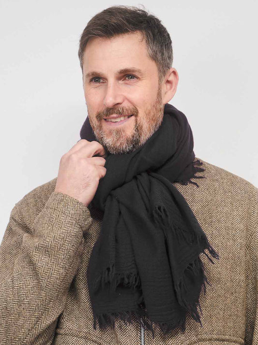 A man wearing a black fringed scarf and a brown herringbone jacket, posing against a light gray background.