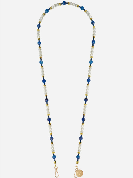 Multicolored beaded phone chain on a white background