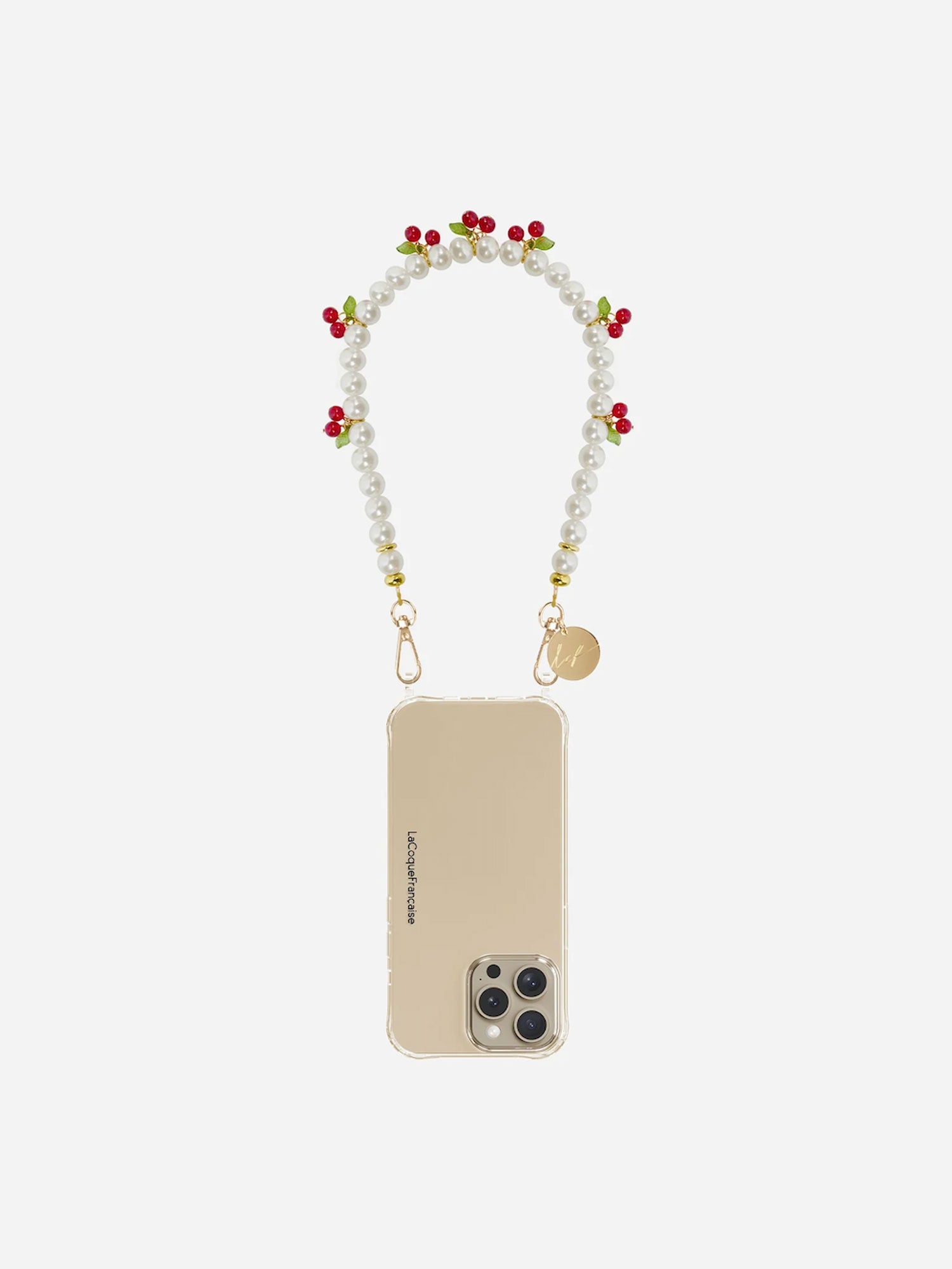 Phone case with floral lanyard on a white background