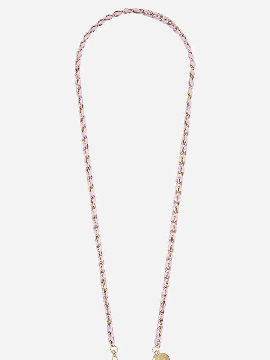 pink and gold phone chain on a white background