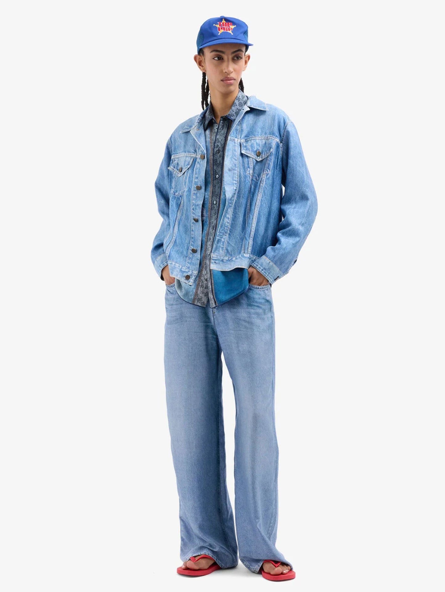 ALOE DENIM PRINT SILK PANTS BLUE