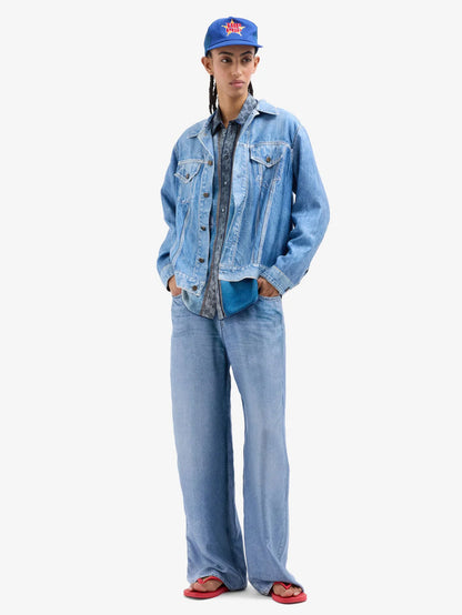 ALOE DENIM PRINT SILK PANTS BLUE