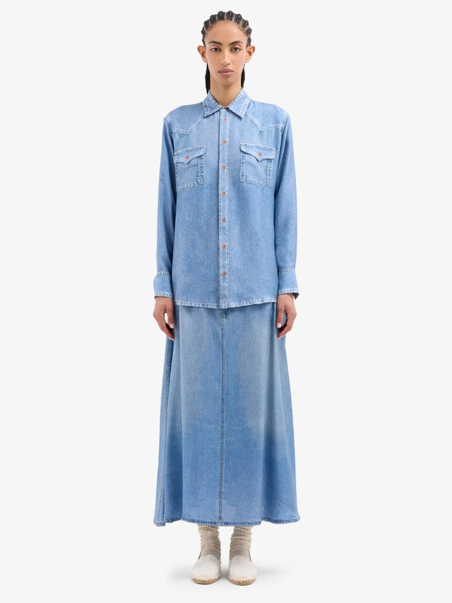 ALOE/S DENIM PRINT SILK SHIRT BLUE