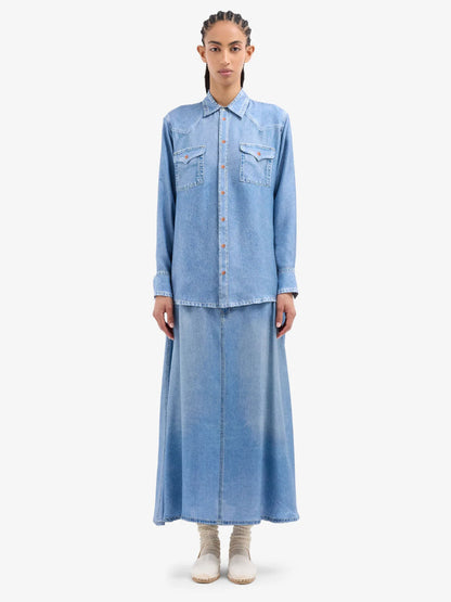 ALOE/S DENIM PRINT SILK SHIRT BLUE