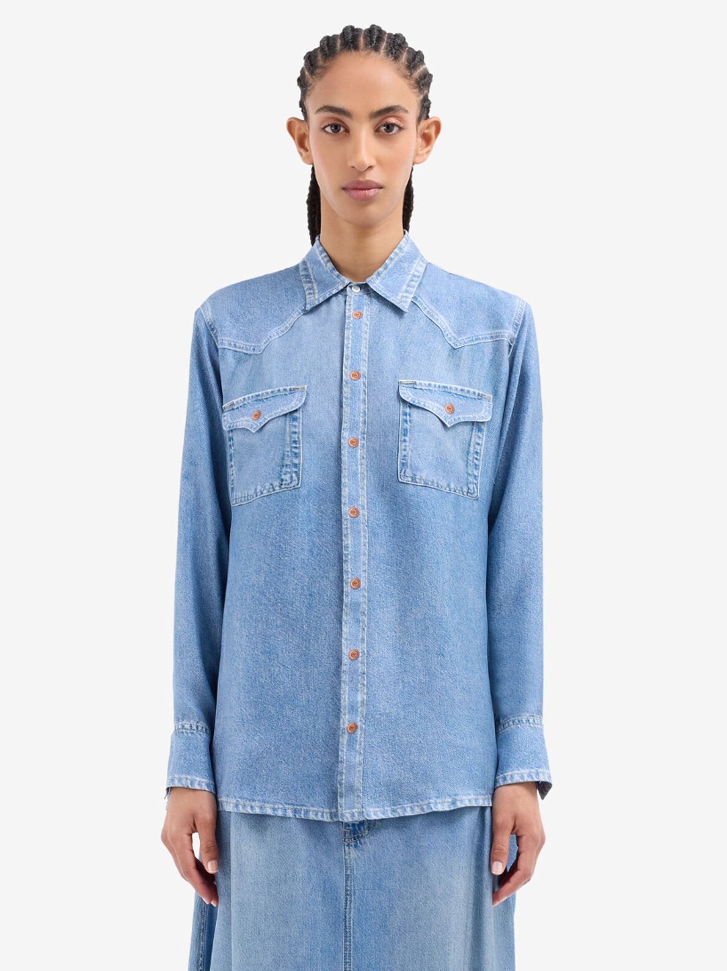 ALOE/S DENIM PRINT SILK SHIRT BLUE