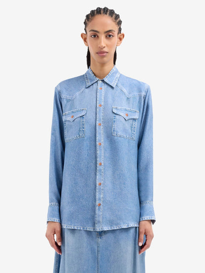 ALOE/S DENIM PRINT SILK SHIRT BLUE