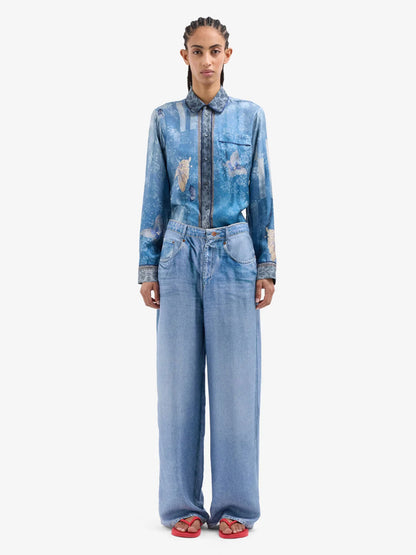 ALOE DENIM PRINT SILK PANTS BLUE