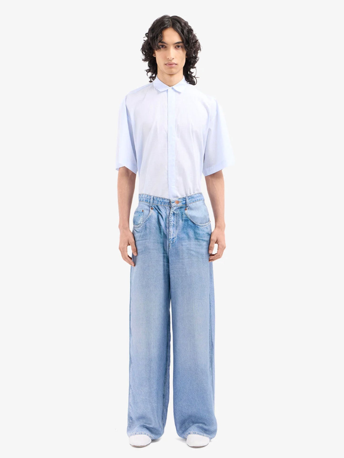 ALOE DENIM PRINT SILK PANTS BLUE