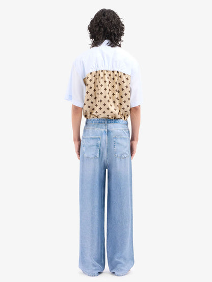 ALOE DENIM PRINT SILK PANTS BLUE