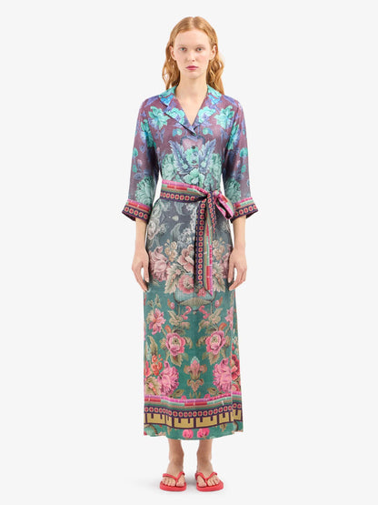 ALOE FLORAL SILK SHIRT-DRESS BLUE RED