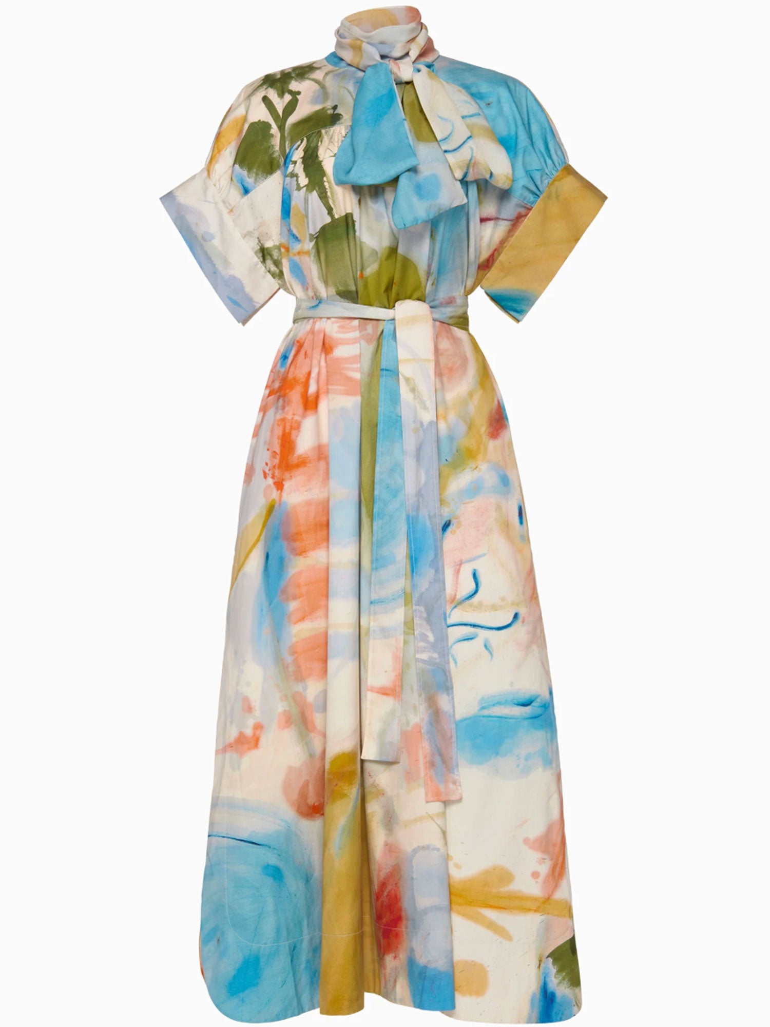 Colorful floral dress with a belt on a white background