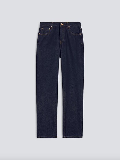 Dark indigo blue straight-leg jeans with gold-tone rivets and button, displayed flat against a light gray background.