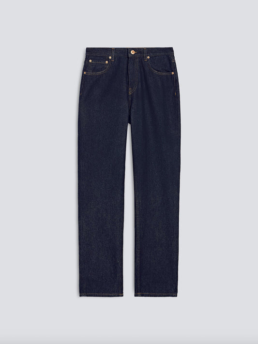 Dark indigo blue straight-leg jeans with gold-tone rivets and button, displayed flat against a light gray background.