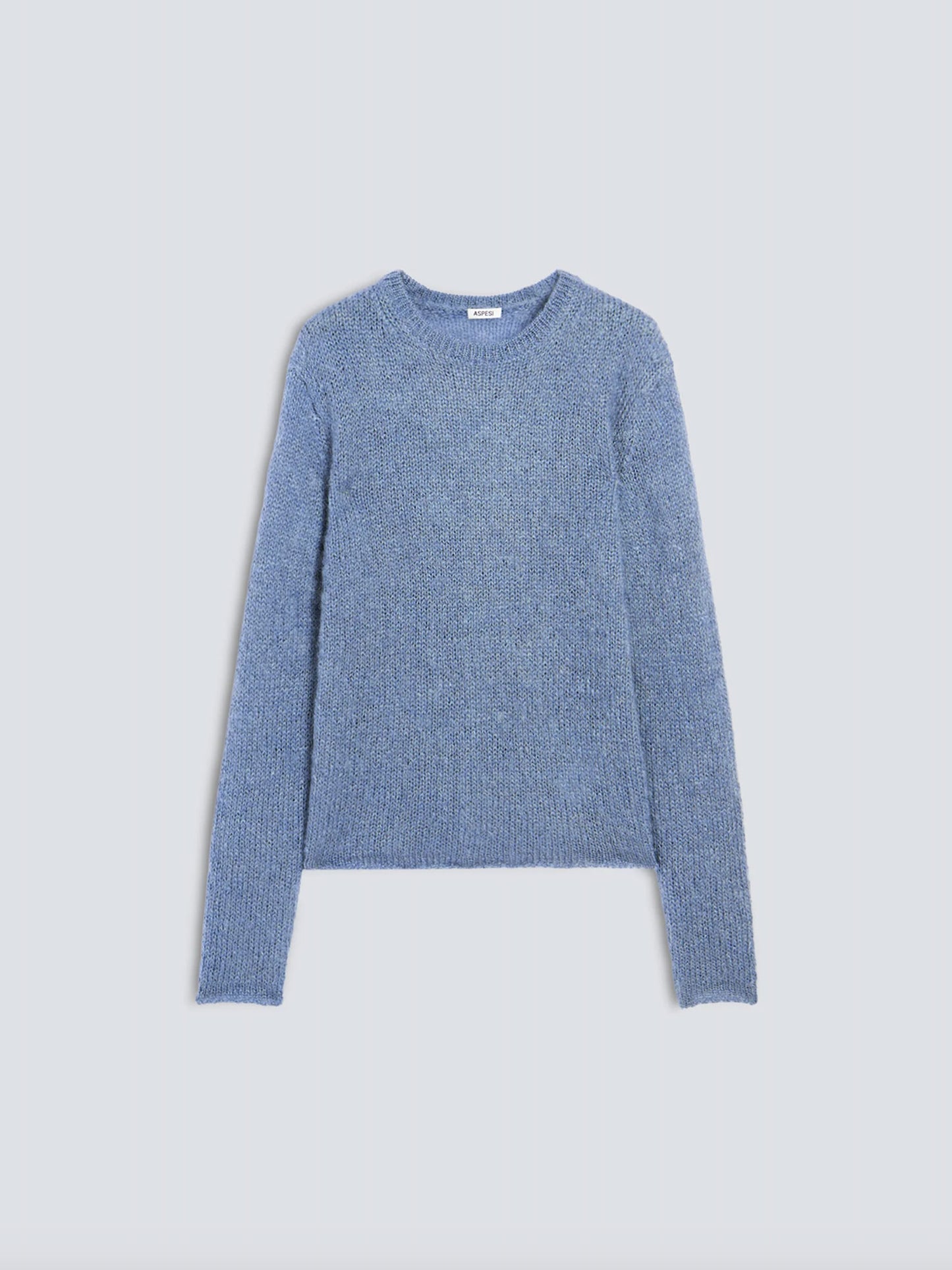 A light blue knit crewneck sweater with long sleeves, displayed flat against a light gray background.