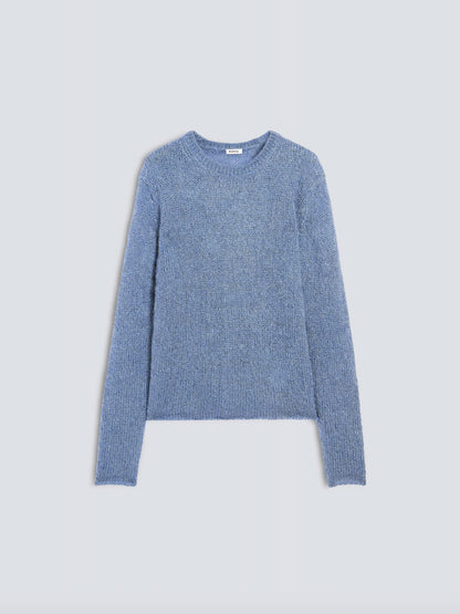 A light blue knit crewneck sweater with long sleeves, displayed flat against a light gray background.