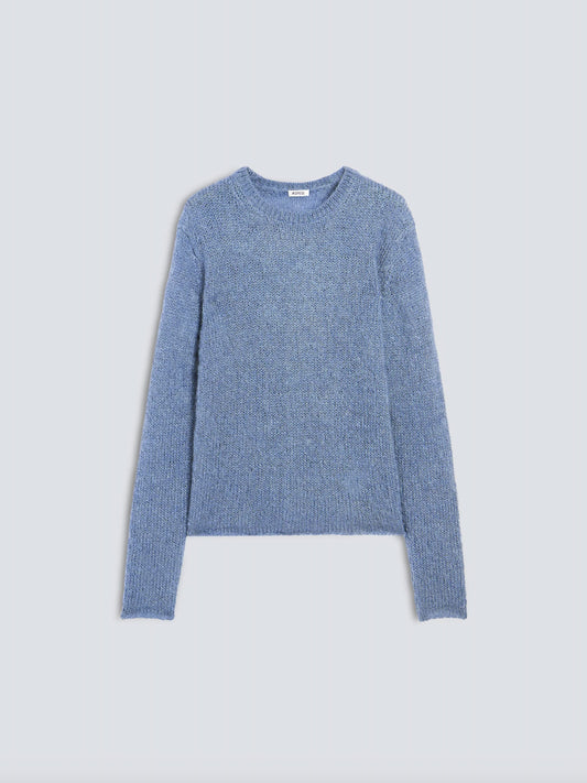 A light blue knit crewneck sweater with long sleeves, displayed flat against a light gray background.
