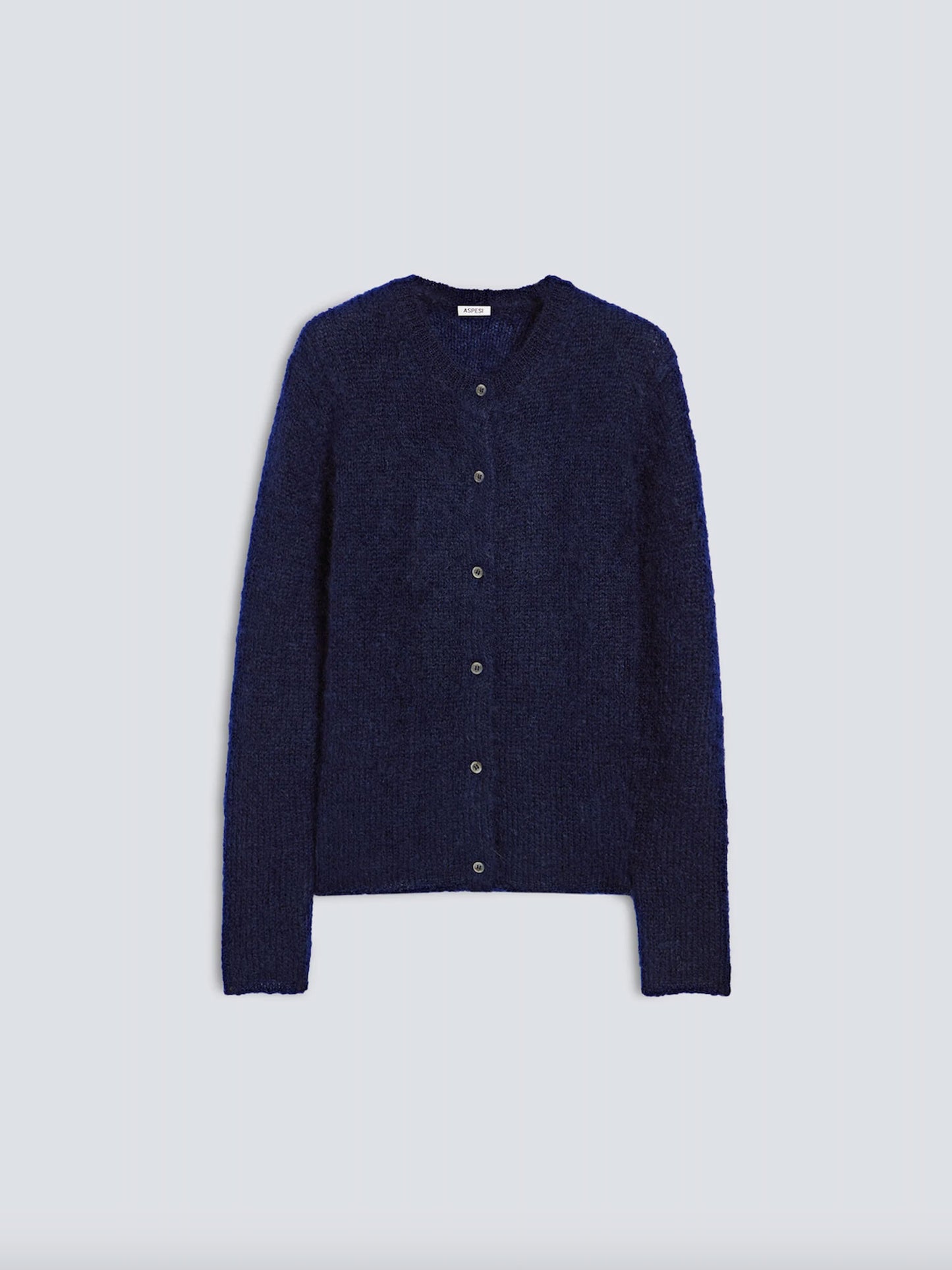 A dark navy blue knit cardigan sweater with a button-up front, displayed flat against a light gray background.
