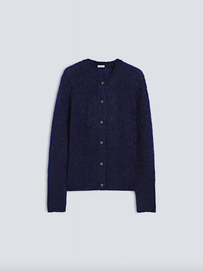 A dark navy blue knit cardigan sweater with a button-up front, displayed flat against a light gray background.