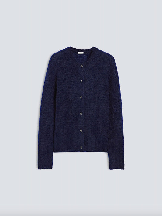A dark navy blue knit cardigan sweater with a button-up front, displayed flat against a light gray background.