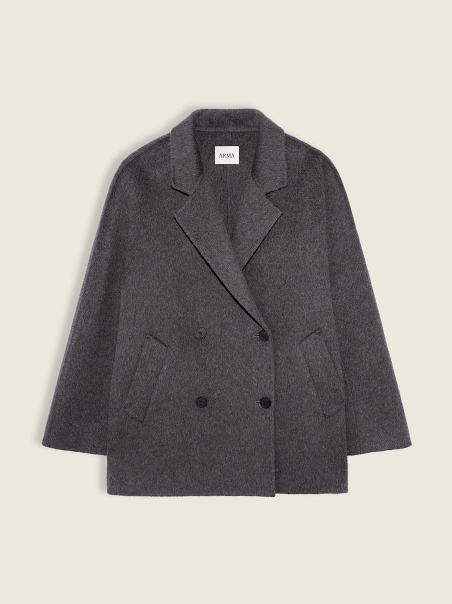 A dark gray double-breasted wool-blend blazer jacket with a notched lapel and front buttons, shown flat against a light beige background.