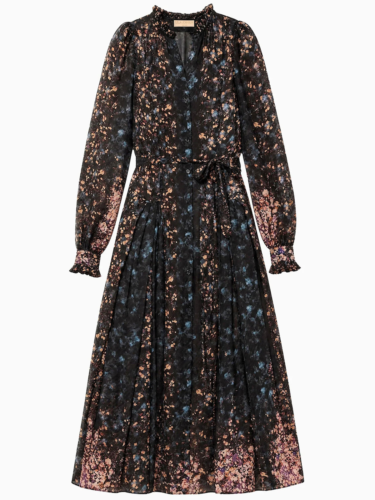 A long-sleeved midi dress with a black base and a dense floral print in dusty pink, blue, and brown, featuring a tie waist and ruffled cuffs, shown against a plain white background.