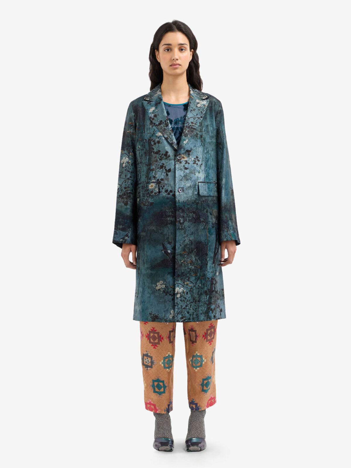 EVENING COAT FLORAL JAQUARD BLUE FLORAL