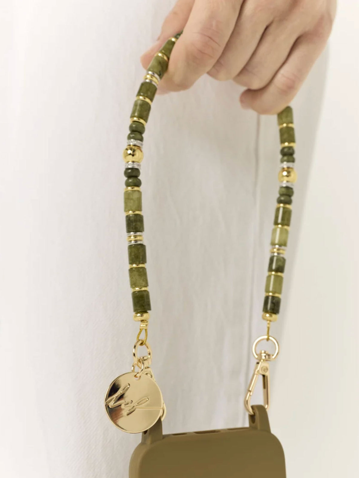 NAVIA PHONE CHAIN SEMI PRECIOUS KHAKI GOLD - 40CM
