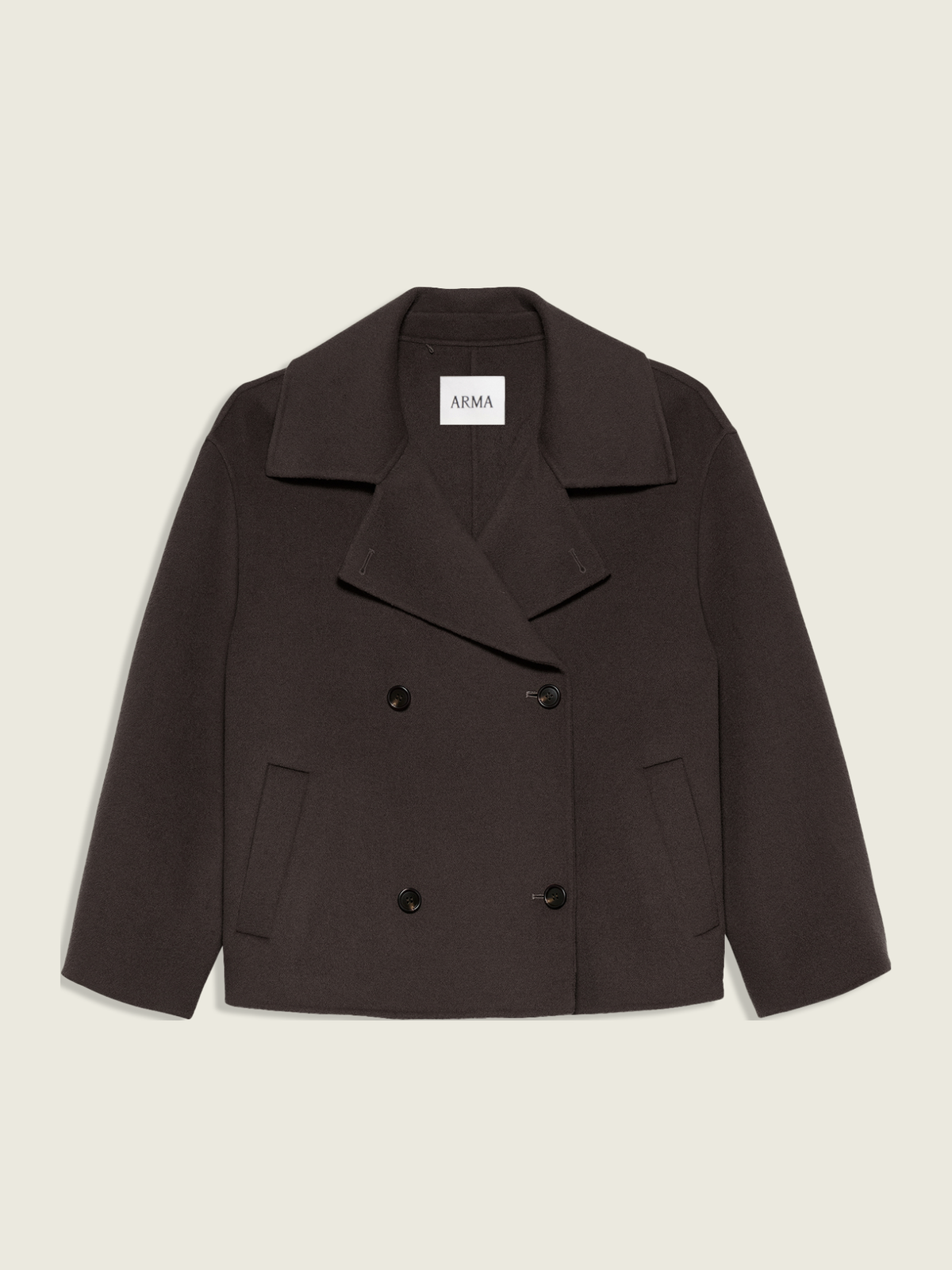 A dark brown double-breasted coat with a wide collar and flap pockets, shown flat against a light beige background. The brand name 'ARMA' is visible on the inner neck label.