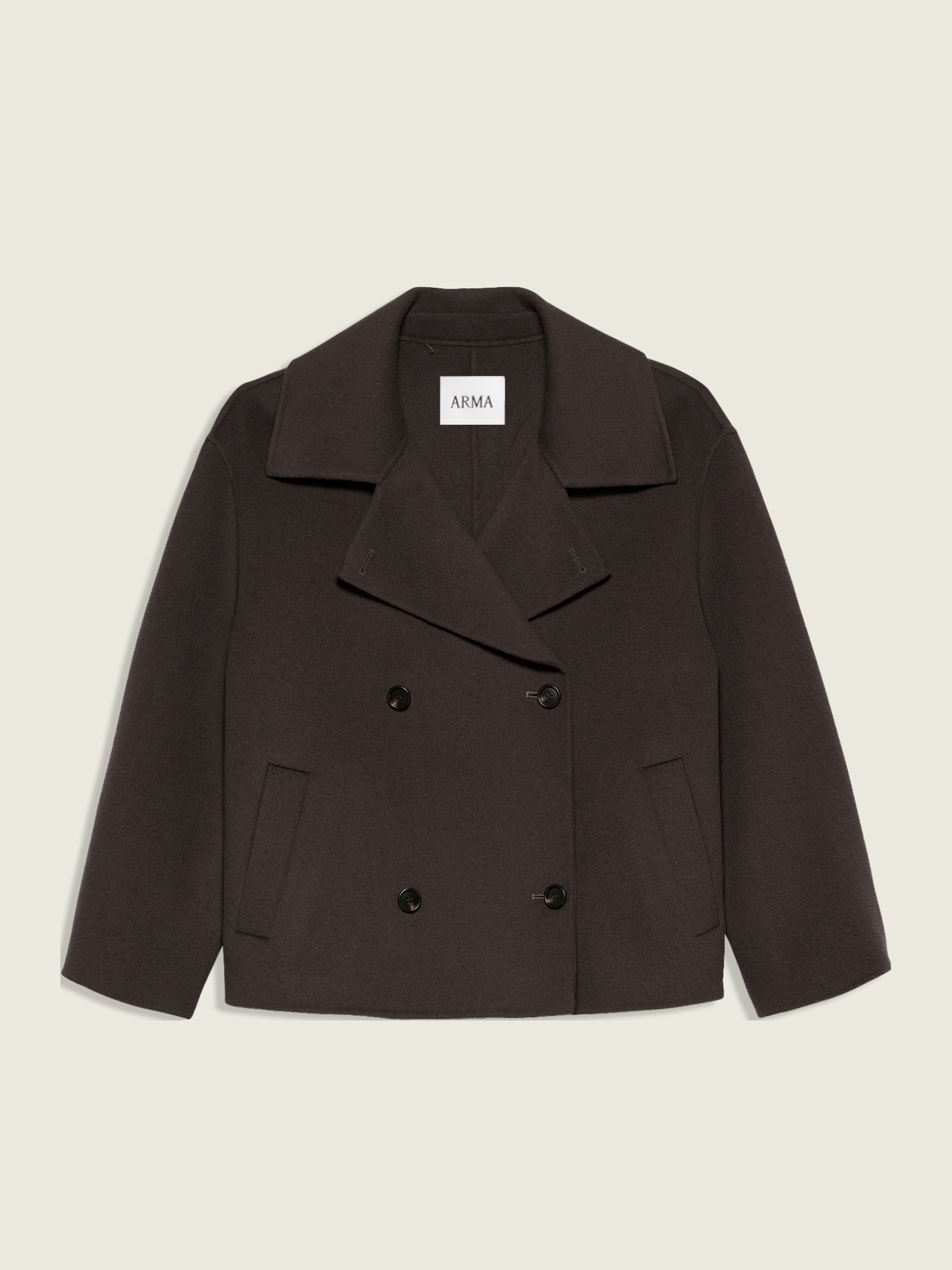 A dark brown double-breasted coat with a wide collar and flap pockets, shown flat against a light beige background. The brand name 'ARMA' is visible on the inner neck label.