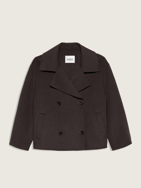 A dark brown double-breasted coat with a wide collar and flap pockets, shown flat against a light beige background. The brand name 'ARMA' is visible on the inner neck label.