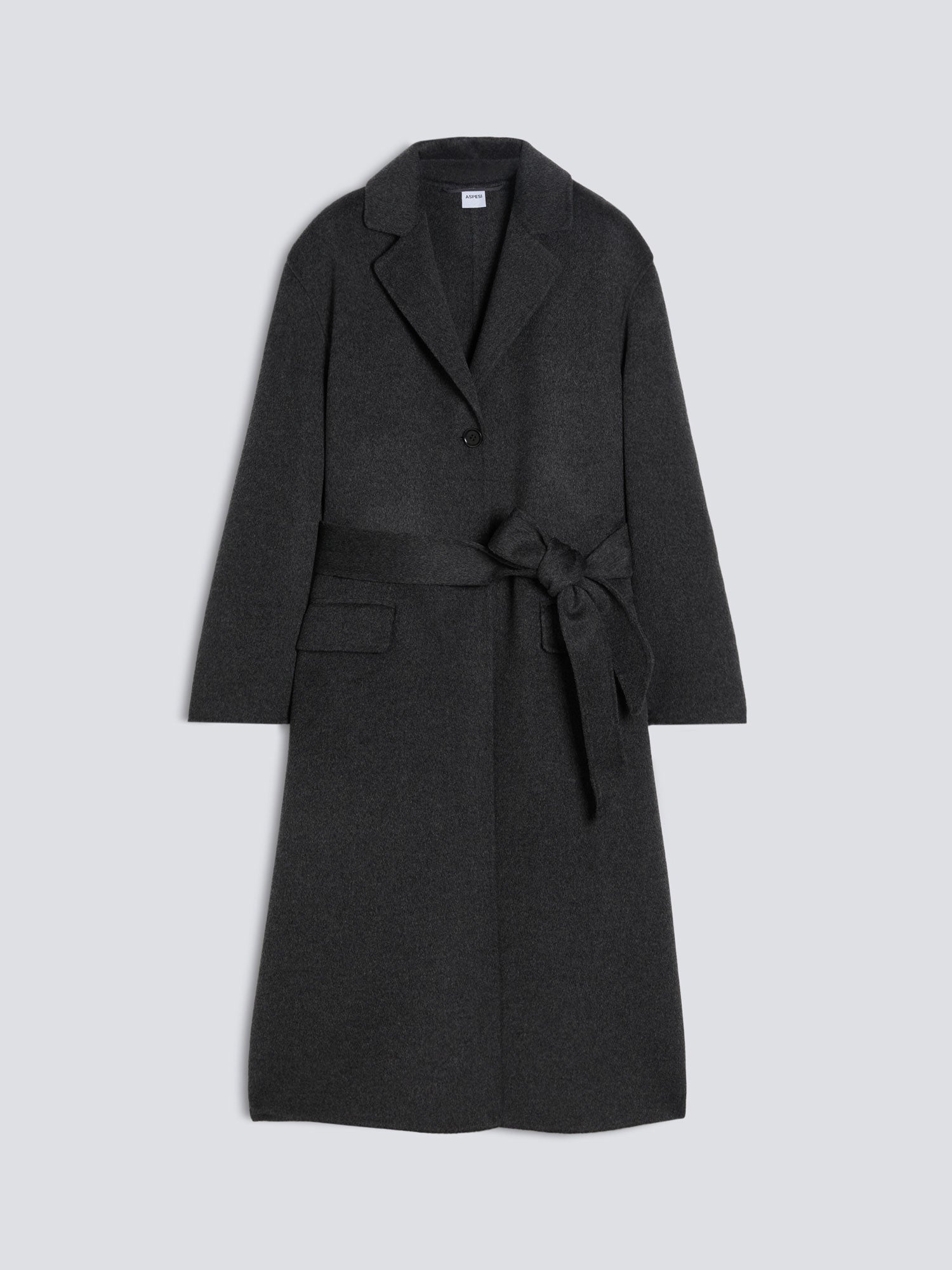 A dark charcoal gray wool coat with a matching waist tie belt, displayed flat against a light gray background.