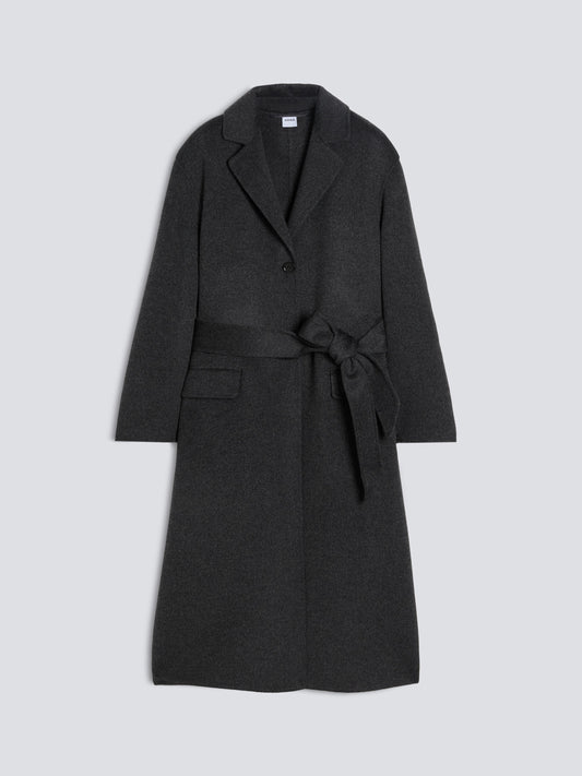 A dark charcoal gray wool coat with a matching waist tie belt, displayed flat against a light gray background.
