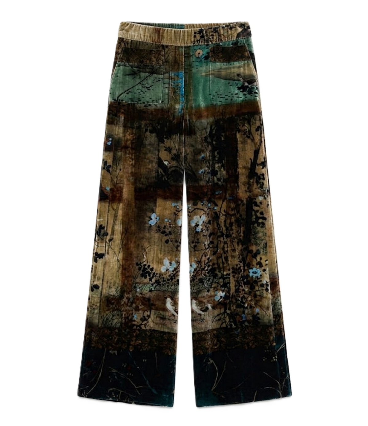 A pair of wide-leg trousers featuring a complex abstract patchwork print with brown, green, black, and blue tones, displayed flat against a solid white background.