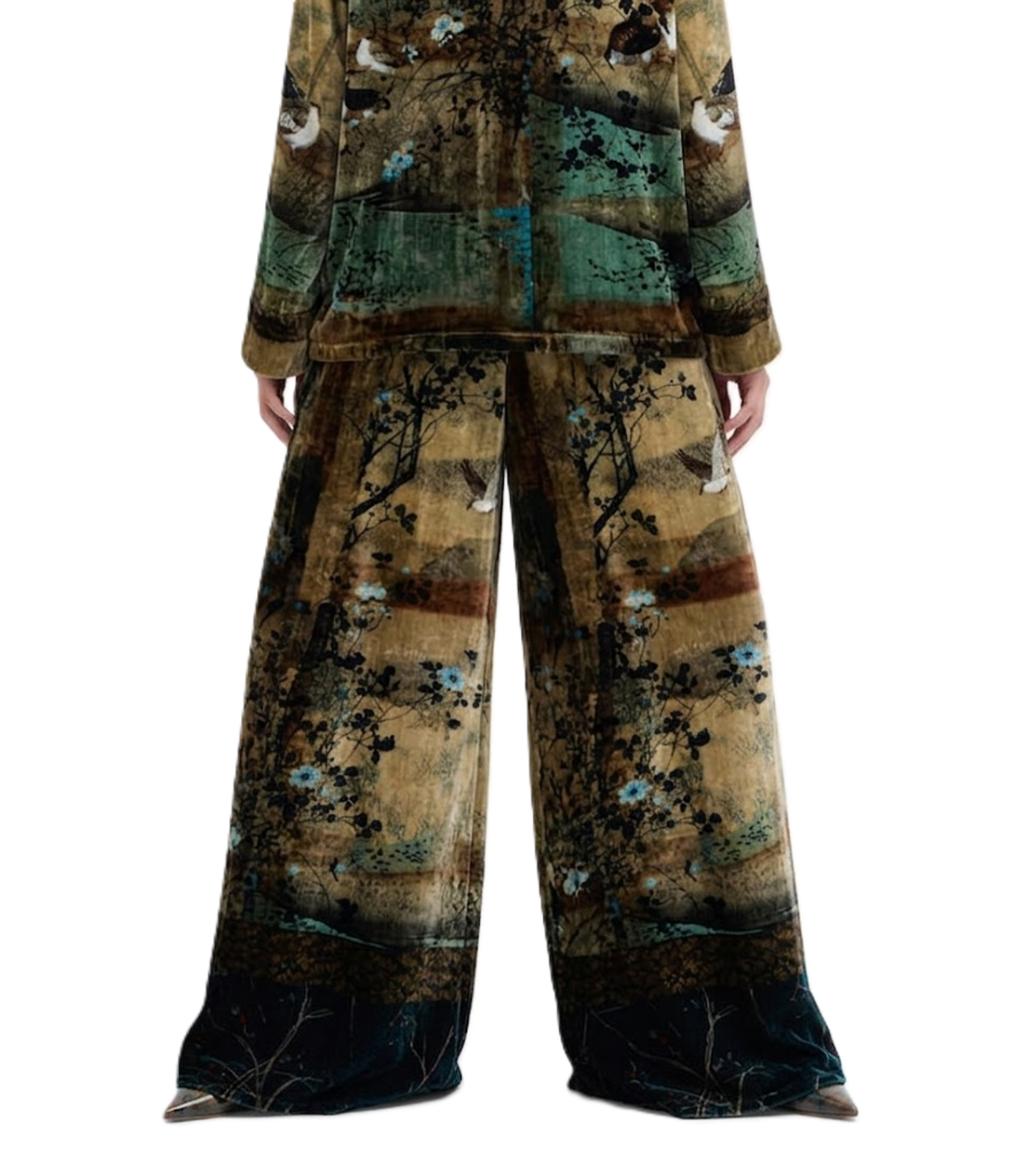 A two-piece matching pajama set featuring a wide-leg pants and long-sleeve top, both printed with an artistic, textured landscape design in earthy brown, teal, and black tones with small bird motifs.