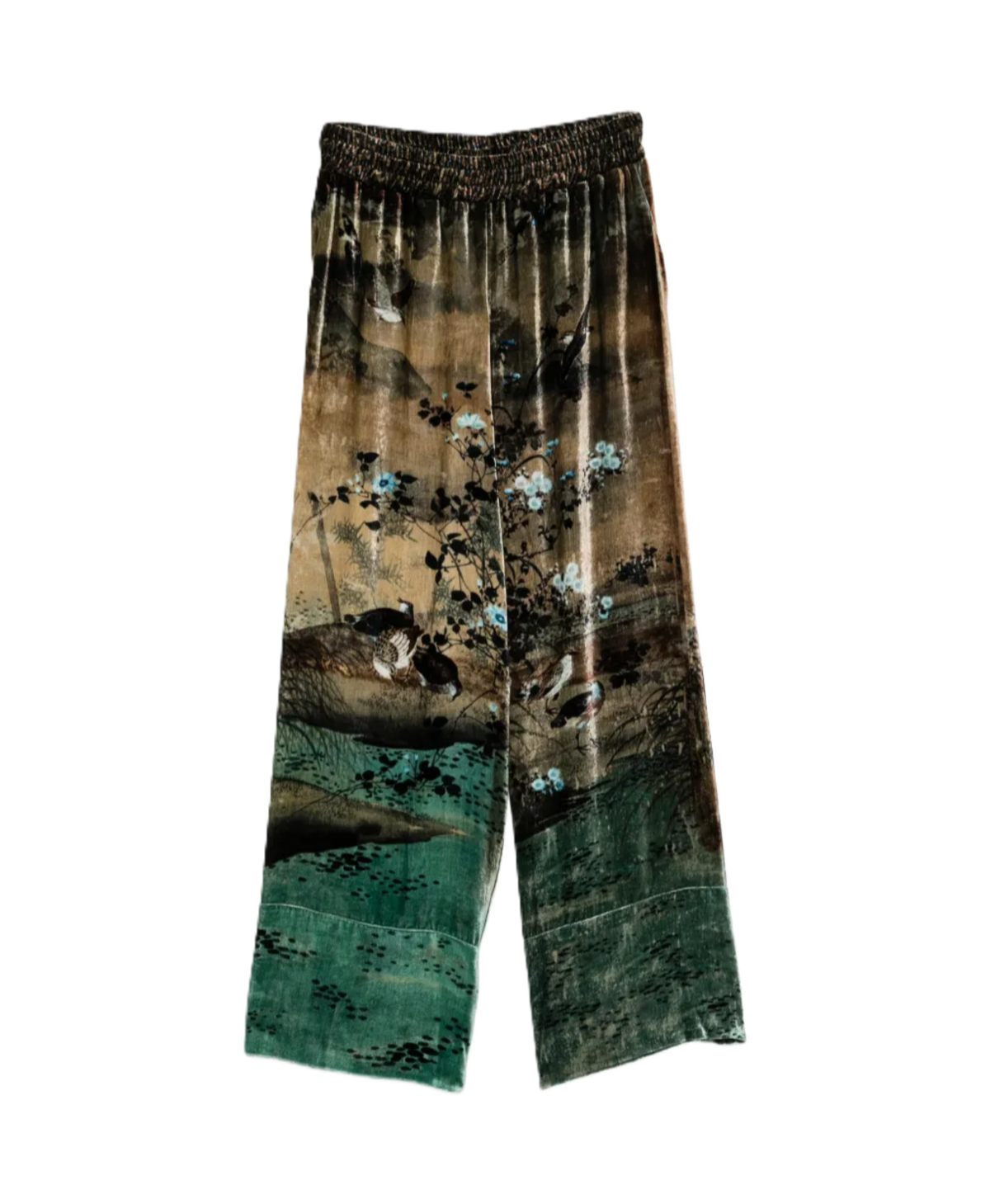 A pair of wide-leg cropped pants featuring a vintage-style landscape print with a brown and green color palette, blue blossoms, and birds, finished with an elastic waistband.