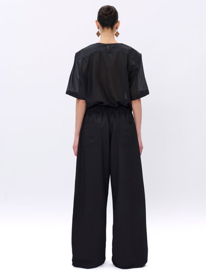 Person wearing a black outfit with wide-leg pants on a white background