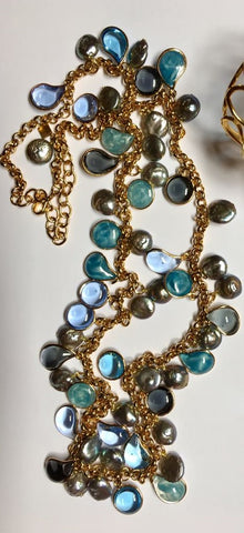 Long Pebble and Pearl Necklace - Multi Blue