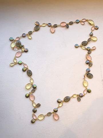 Long Pebble and Pearl Necklace - Rose Pink Citrine