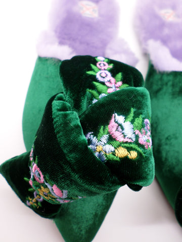 Milana Embroidered Velvet Bow Mules - Emerald