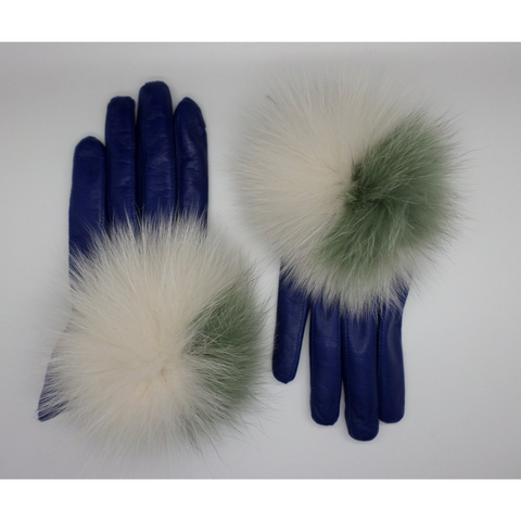 Leather gloves with fur PomPom - Blue