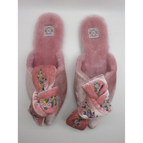Milana Embroidered Velvet Bow Mules - Pink